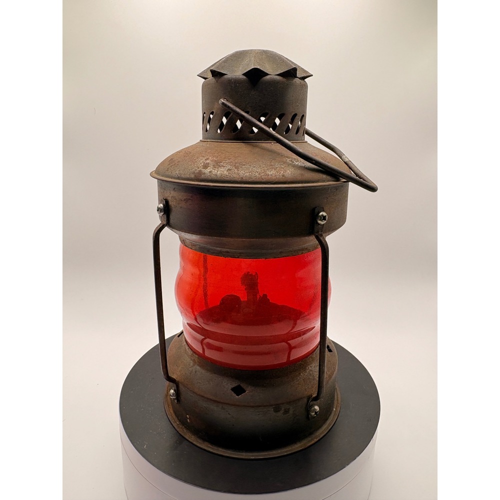 Vintage Rustic Metal Oil Lantern with Red Glass Globe Industrial Nautical Decor